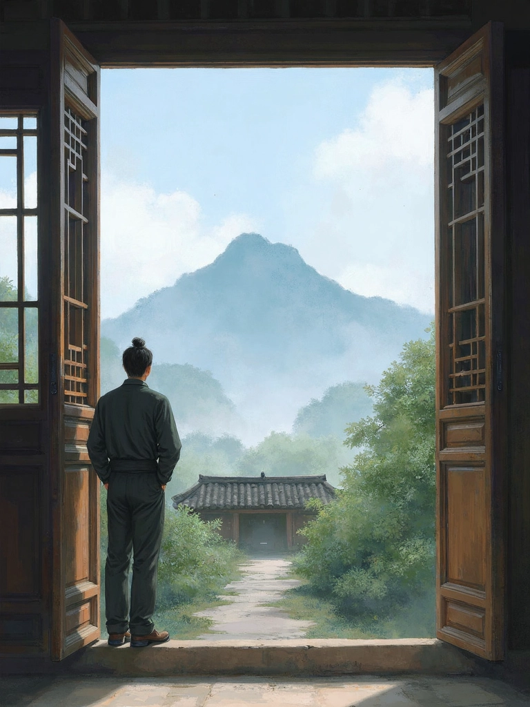Chinese idiom “开门见山” (kāi mén jiàn shān) meaning to get straight to the point, inspired by Tang poet Li Bai and Southern Song critic Yan Yu, symbolizing directness and clarity in speech or writing.
