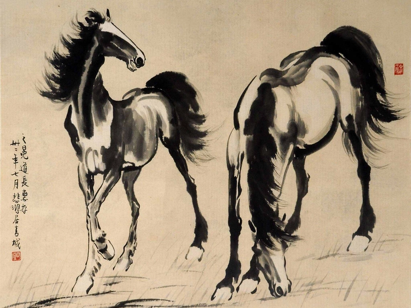 Xu Beihong painting horses and figures combining Chinese and Western techniques
