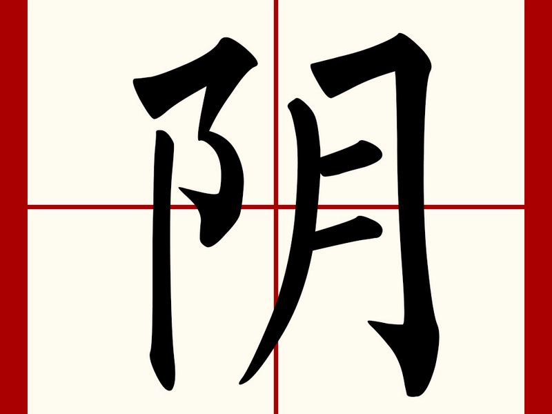 Illustration of the Chinese character '阴' (yīn) highlighting its etymology, yin-yang symbolism, natural and philosophical meanings, including shade, darkness, femininity, hidden qualities, and cultural significance in Chinese philosophy, medicine, and literature.