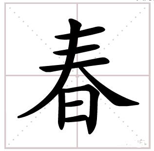Detailed infographic explaining the Chinese character 春 (chūn), showing its decomposition into the grass radical 艹, the sprout 屯, and the sun 日 components, alongside cultural icons like Spring Festival couplets and a spring roll, set against a backdrop of blooming flowers.