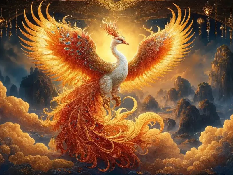 An elegant Chinese Fenghuang soaring among clouds and flowers, symbolizing virtue, harmony, and beauty, reflecting the grace and cultural depth of Chinese tradition.