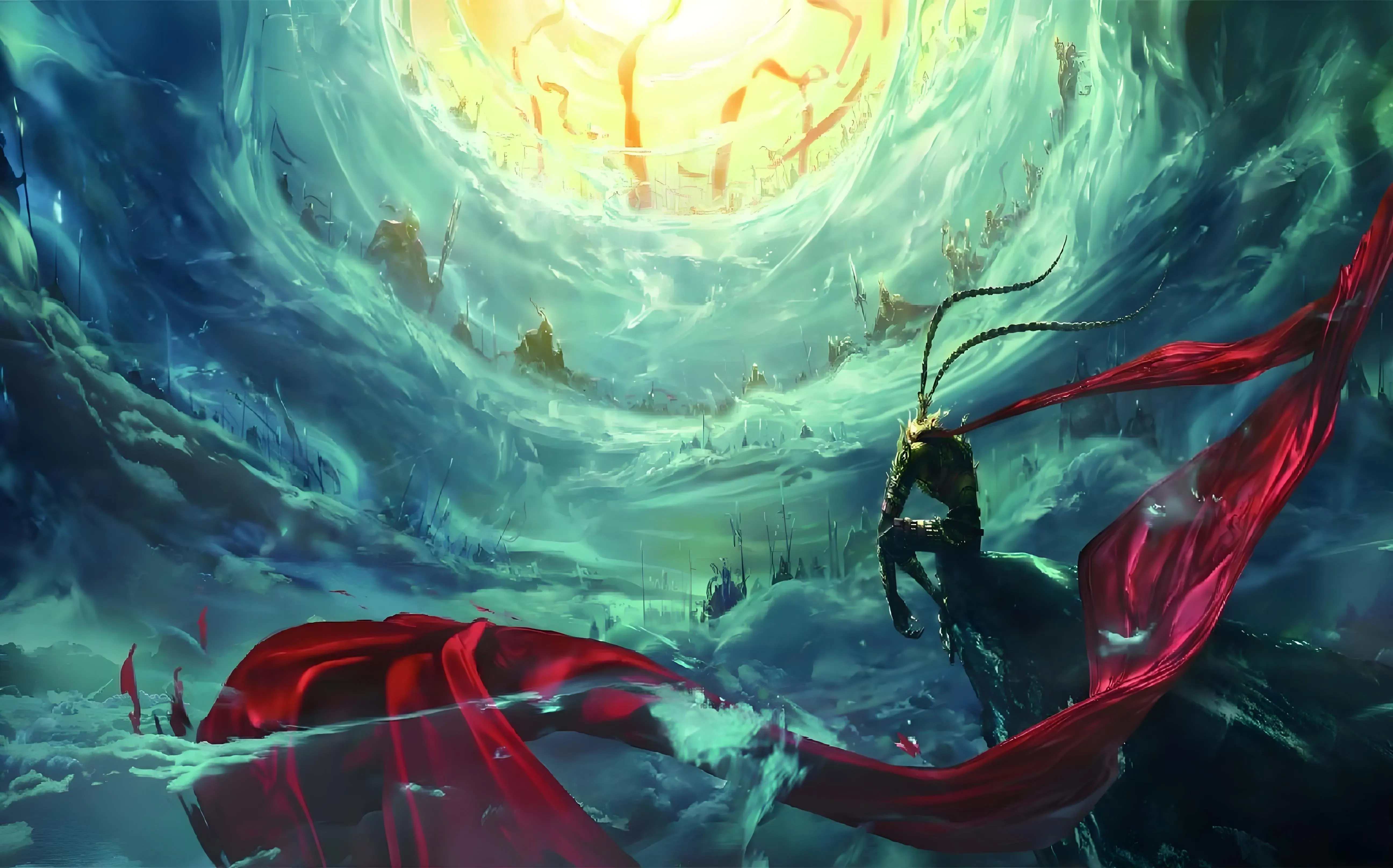 Illustrationskollage av de främsta kinesiska mytiska hjältarna inklusive Nüwa, Fuxi, Houyi, Nezha, Sun Wukong och Zhu Bajie, som visar heroiska handlingar, magiska krafter och legendariska berättelser från kinesisk mytologi.