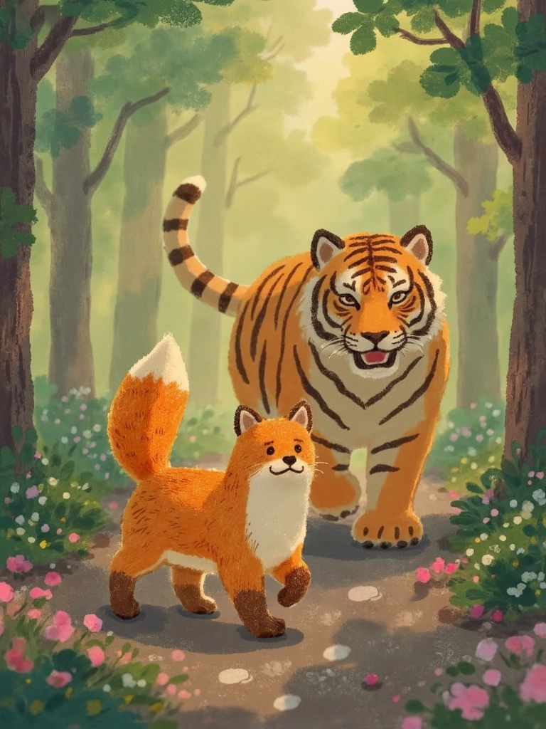 Illustration of the Chinese idiom 狐假虎威 (Hú Jiǎ Hǔ Wēi), showing a clever fox using a tiger’s power to intimidate other animals — perfect for Mandarin learners and Chinese culture content.