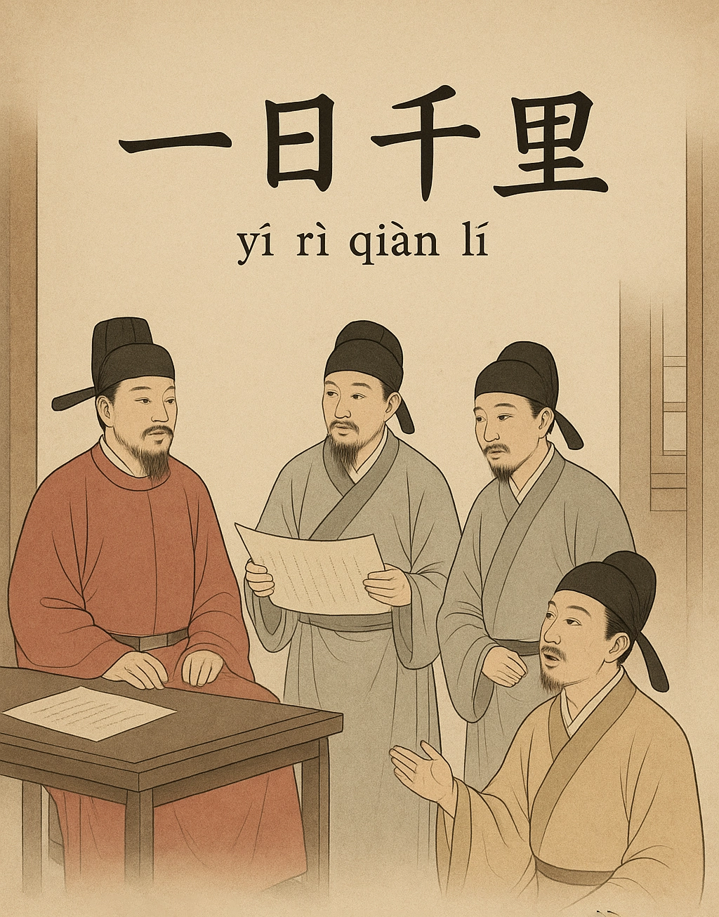 Educational illustration of Ouyang Xiu revising his article after receiving advice, showing rapid development and the idiom 一日千里.