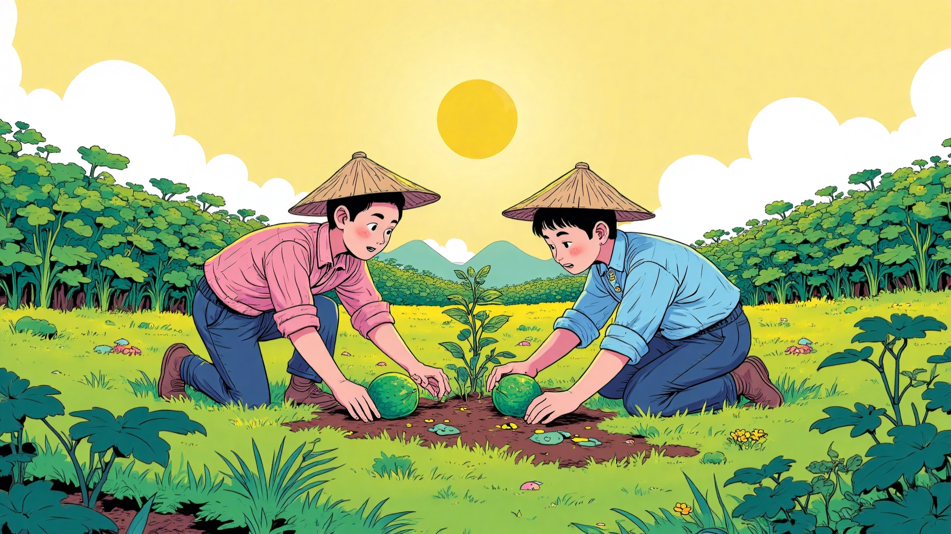 “Chinese proverb ‘种瓜得瓜,种豆得豆’ in brush calligraphy, overlaid on a rustic farm or garden scene, symbolizing cause and effect in life.”