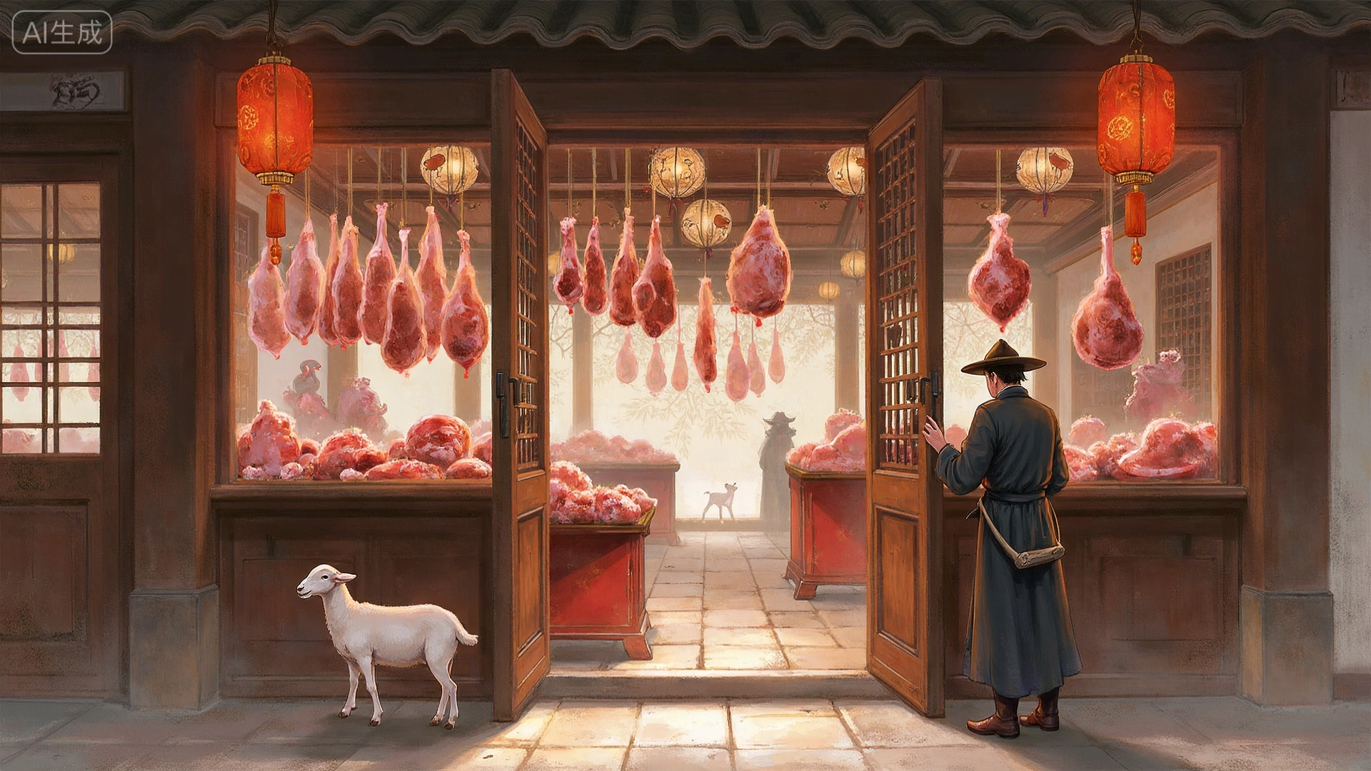 “Chinese proverb ‘挂羊头,卖狗肉’ in bold calligraphy, with a sheep’s head sign above a stall secretly selling dog meat — symbolizing false advertising.”