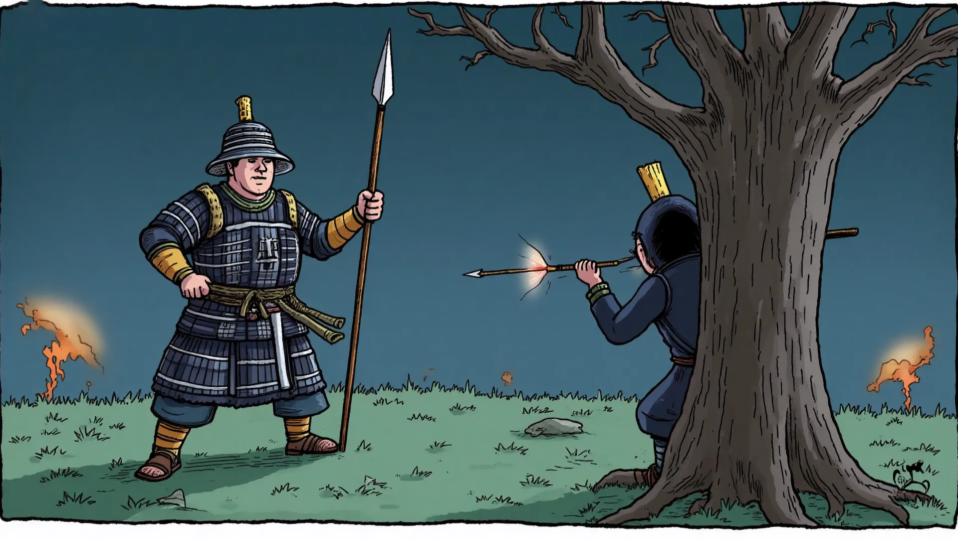 An educational visual featuring the Chinese proverb 明枪易躲,暗箭难防 (míng qiāng yì duǒ, àn jiàn nán fáng), with pinyin and English equivalents like “Better an open enemy than a false friend,” illustrating that open attacks are easier to defend against while hidden threats or betrayals are more dangerous, emphasizing caution against deceit.