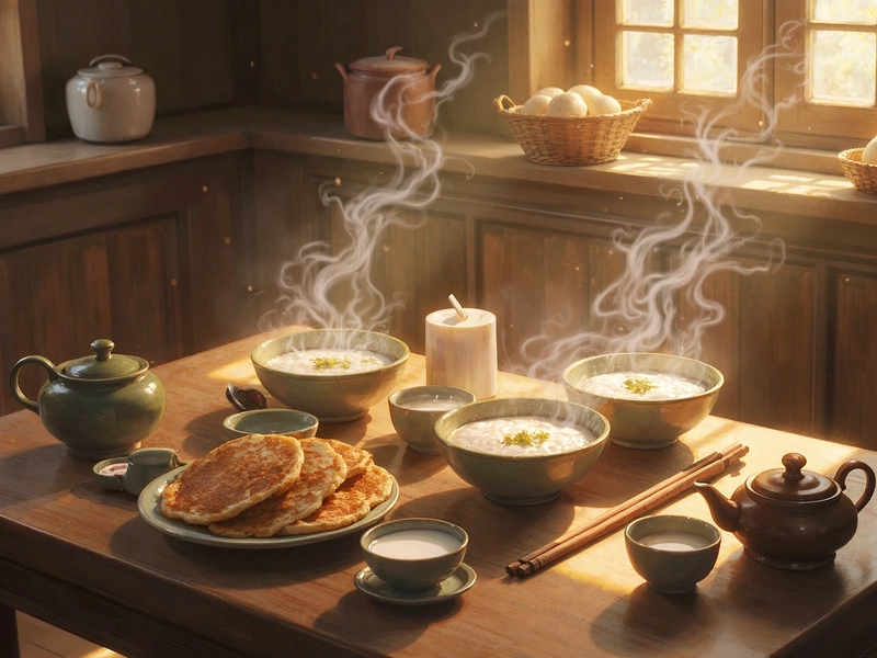 Illustration av 12 populära kinesiska frukosträtter arrangerade på ett bord, inklusive youtiao (油条), baozi (包子), congee (粥), jianbing (煎饼), dumplings, mantou (馒头), roujiamo (肉夹馍), risnudlar (mifen), teägg och zongzi (粽子). Visar en färgglad och mångsidig uppsättning som representerar regionala frukostskillnader över norra, södra och västra Kina, och belyser traditionell kinesisk frukostkultur och moderna varianter.