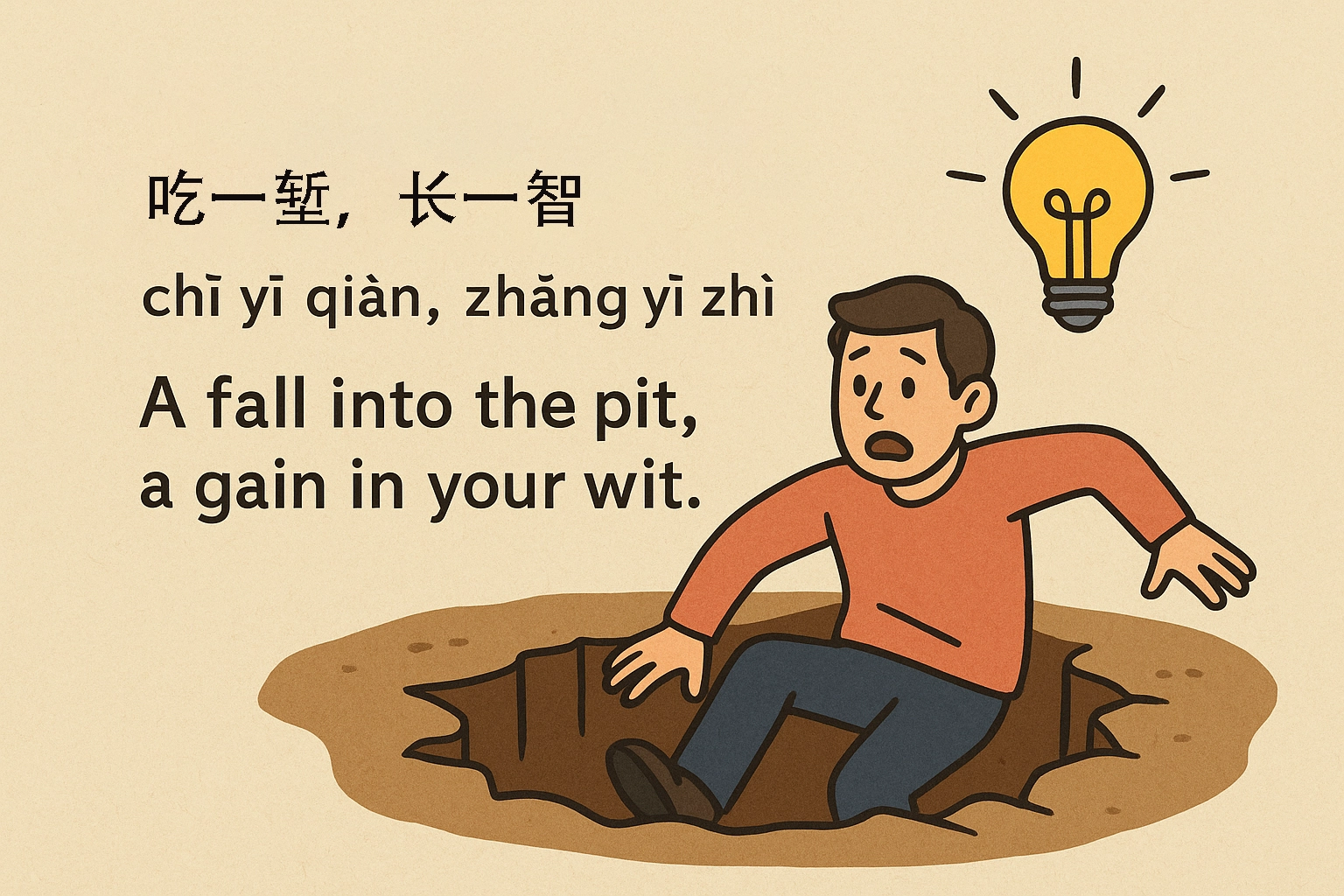 Chinese proverb 吃一堑,长一智 with pinyin chī yī qiàn, zhǎng yī zhì, meaning “learn from your mistakes,” illustrated by someone climbing out of a pit stronger and wiser.