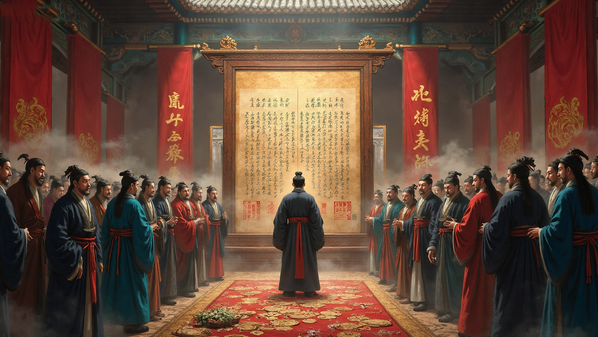 Illustration of wealthy merchant Lü Buwei in the Qin state, compiling Lü’s Spring and Autumn with 3,000 scholars.