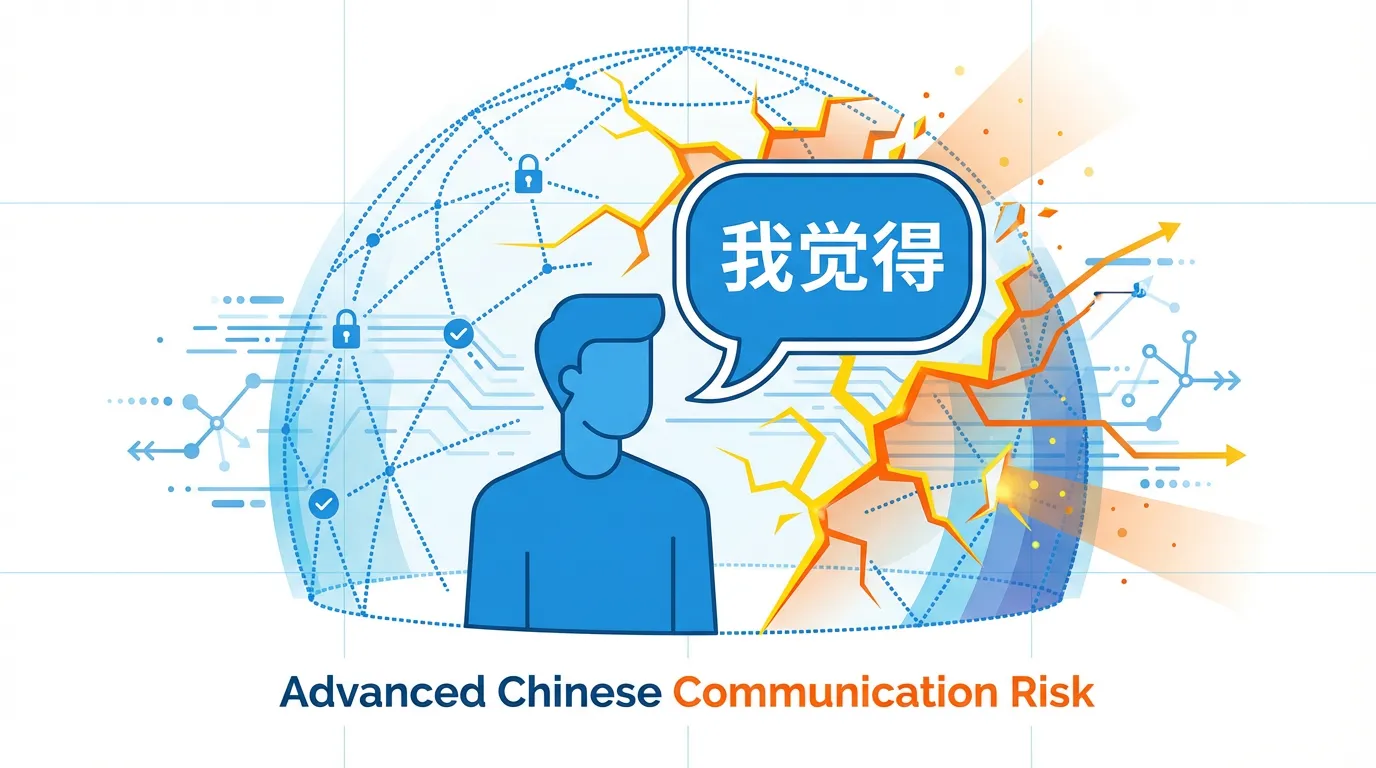 Une discussion professionnelle en chinois mettant en lumière l'expression 我觉得 (wǒ juéde) et son impact sur l'autorité et le positionnement dans la communication avancée en mandarin.
